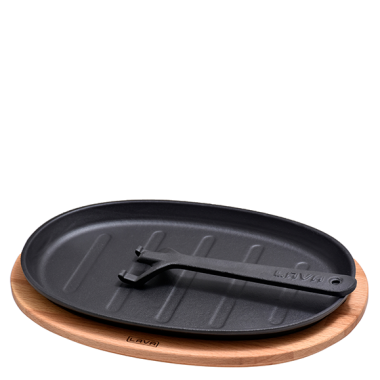 Lava Oval Cast Iron Plate With Wooden Base 18x28cm